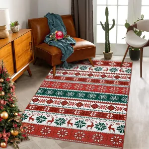 Christmas Area Rug 5x7 Farmhouse Non Slip Stain Resistant Soft Low Pile Red & Green Holiday Decor for Living Room Bedroom Kitchen