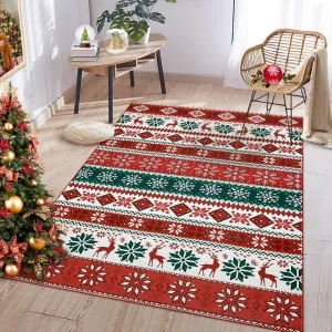 Christmas Area Rug 3x5 Farmhouse Non Slip Stain Resistant Soft Low Pile Red & Green Holiday Decor for Living Room Bedroom Kitchen