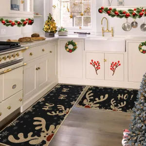 17x29+17x47 Black Christmas Holiday Area Rug - Washable Soft Indoor Non-Slip Welcome Doormat, Festive Decorative Floor Mat for Living Room, Bedroom & Entryway (Xmas Decor)