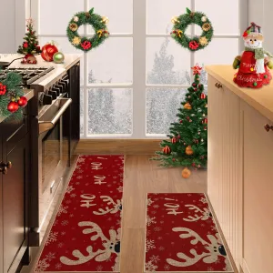 2 Piece Easy Jute Christmas Door Mats Kitchen Rugs Set with Reindeer Snowflake Design, Non Slip TPR Backing, Stain Resistant Polyester Fibre, Low Pile Thin Profile, Red Black, Entryway Kitchen Bath