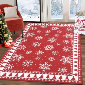 Christmas Area Rug 3x5 Rug Washable Rug Snowflake Xmas Tree Bordered Modern Rug Entryway Rug Small Red Rug Non Slip Carpet Low Pile Stain Resitant Accent Rugs for Nursery Bedroom 3'x5' Red