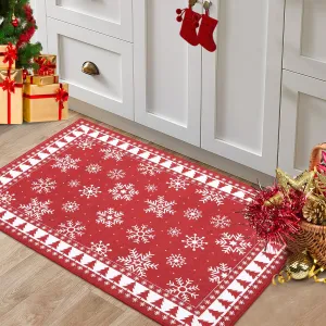 Christmas Door Mat 2x3 Mat Xmas Bath Mat Non-Slip Kithcen Mat Washable Entryway Rug Small Snowflakes Red Carpet Winter Doormat Rubber Back Doormats for Bedside Indoor Outdoor