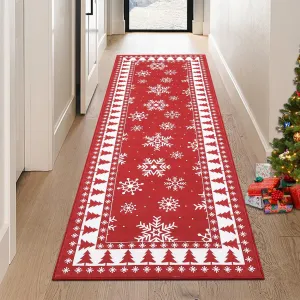Washable Runner Rug 2x6 Hallway Runner Rug Snowflake Christmas Runner Kitchen Rug Non Slip Bathroom Rug Modern Bordered Tree Holiday Decor Soft Carpet for Bedroom Laundry 2'x6' Red