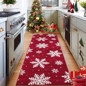 Christmas Runner Rug 2x6 Red Hallway Rug Snowflake Xmas Runner Washable Kitchen Rug Non Slip Bathroom Rug Holiday Decor Distressed Modern Abstract Soft Carpet for Bedroom Laundry 2'x6' Red