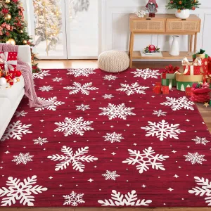 Washable Area Rug 9x12 Red Christmas Rug Non-Slip Low Pile Indoor Rug for Living Room Bedroom Dinning Room Office