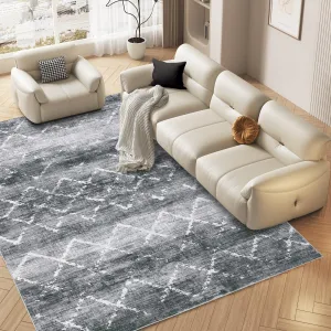 Washable Rugs 5x7 Abstract Grid Rug for Living Room Modern Distressed Area Rug for Bedroom Contemporay Office Rug Low Pile Neutral Soft Nursery Rug Non Slip Farmhouse Floor Cover Grey