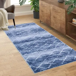 Area Rug Washable Rugs for Living Room Modern Abstract Lines Area Rug for Bedroom Contemporary Distressed Geometric Office Rug Low Pile Neutral Soft Nursery Rug 2'x6' Blue