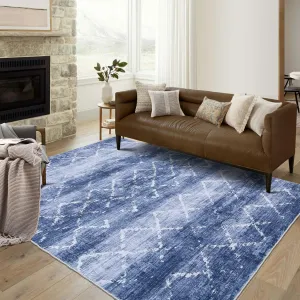 Area Rug Washable Rugs for Living Room Modern Abstract Lines Area Rug for Bedroom Contemporary Distressed Geometric Office Rug Low Pile Neutral Soft Nursery Rug 8'x10' Blue