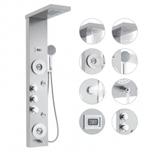 Shower Panel System, 6 In One Shower System, Led & Display Shower Panel Tower, Rainfall, Waterfall, Handheld Shower Head 4 Output Modes, Stainless Steel Wall-Mounted Shower Set, Silver