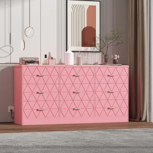 Modern Pink Bedroom Dresser with 9 Drawers, 63" Wide Dresser Chest of Drawers with Power Outlets, Long Dresser Tv Stand with Large Capacity Storage, Sturdy Storage Cabinet for Bedroom, Living Room