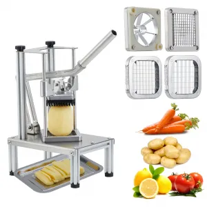 Commercial Vegetable Fruit Chopper with Tray, Heavy Duty French Fry Cutter with 4 Stainless Steel Blades (1/4", 3/8", 1/2" & 6-Wedge Slicer), Manual Potato Cutter for Yam Onion and Carrot