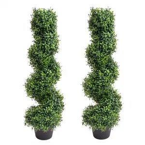35 Inch Artificial Boxwood Topiary Outdoor Set of 2, Faux Plant Spiral Tree in Pot, All-Year Green Fake Plant for Indoor Front Door Porch Garden Decor