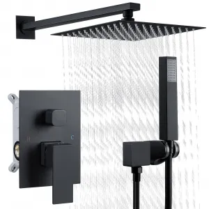 Shower Faucet Set Matte Black Shower System, with 10 inch Large Rainfall Shower Head and Handheld Spray, Easy Clean, 2 in 1 Handheld Square Shower System Wall Mounted