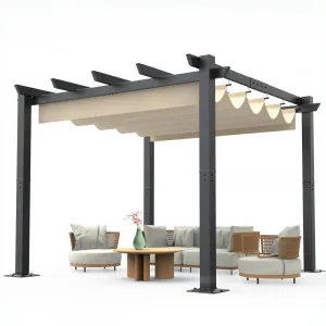 10x10 Ft Outdoor Aluminum Pergola with Upgraded Retractable Canopy, Outdoor Shelter Suitable for Gardens, Backyard, Lawn, Deck - Khaki.