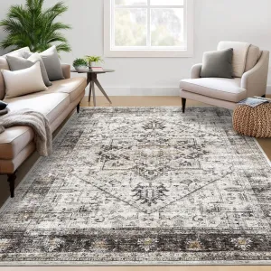 Washable Rug 9x12 Vintage Non Slip Soft Faux Wool Area Rug Brown for Living Room Bedroom Nursery