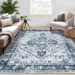 Washable Rugs Vintage Distressed Non Slip Soft Low Pile Area Rug 9'x12' Blue for Living Room Bedroom Office Dining Room Nursery