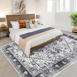 Washable Rugs 8x10 Rug for Living Room Boho Vintage Floral Black Non-Shedding Stain Resistant Carpet