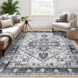 Living Room Rug 5x7 Washable Vintage Medallion Non Slip Soft Faux Wool Black