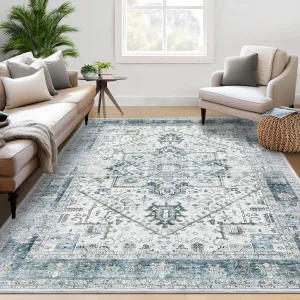 Washable Rugs 9x12 Vintage Medallion Rug Non Slip Soft Green for Living Room Bedroom Office Nursery