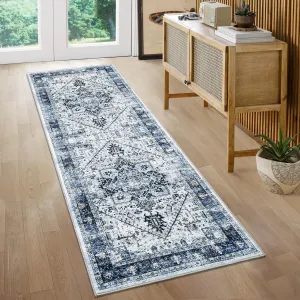 Washable Runner Rug 2x6 Boho Vintage Non Slip Kitchen Rug Floral Oriental Indoor Entryway Rug Soft Bath Mat Stain Resistant 2'x6' Blue