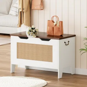 Storage Chest, Rattan Toy Chest for Boys Girls, 30" Kids Wood Large Toy Box, Storage Bench with Safety Hinge,Storage Trunk for Entryway, Living Room, Bedroom, Playroom, White