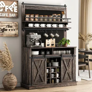Coffee Bar Cabinet, Farmhouse Buffet Cabinet with Storage, 75" Tall Bar Cabinet Kitchen Buffet Sideboard with Sliding Barn Door, Coffee Hutch Cabinet for Dining Room, Dark Oak