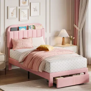 Twin Bed Frame with Drawer, Velvet Upholstered Platform Bed Frame with Storage Headboard, No Box Spring Needed, Easy Assembly, Noise-Free, Pink