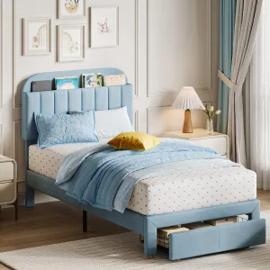 Twin Bed Frame with Drawer, Velvet Upholstered Platform Bed Frame with Storage Headboard, No Box Spring Needed, Easy Assembly, Noise-Free, Blue