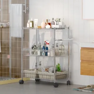 3 Tier Rolling Cart, Metal Kitchen Cart On Wheels with Baskets, Wire Shelving Rolling Snack Storage Cart Utility Trolley with Handles for Kitchen Bathroom Office Laundry, Chrome