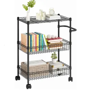 3 Tier Rolling Cart, Metal Kitchen Cart On Wheels with Baskets, Wire Shelving Rolling Snack Storage Cart Utility Trolley with Handles for Kitchen Bathroom Office Laundry, Black