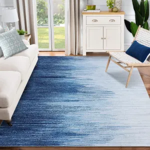 Large Modern Abstract Area Rug, 9x12, Machine Washable, Non Slip, Blue, Low Pile
