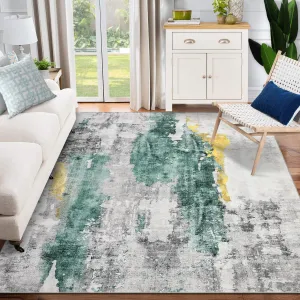 Large Modern Abstract Area Rug, 8x10 Machine Washable Non Slip Rug Low Pile Thin Rug Soft Non Shedding Floor Carpet, Stain Resistant Rug for Living Room, Bedroom, Dining Room, Green Yellow