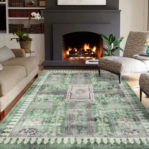 Area Rug 10'x13' Washable Green Vintage Rug Non Slip Thin Floral Print Carpet for Living Room Bedroom Dining Room
