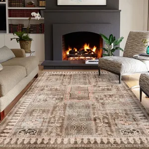 Area Rug 10'x13' Washable Brown Vintage Traditional Thin Non-Slip Carpet for Living Room Bedroom Dining Room