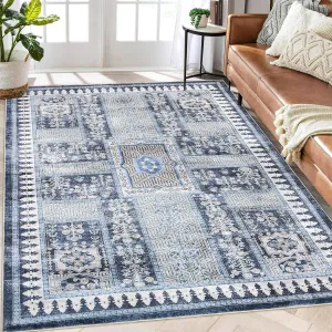 Area Rug 10'x13' Washable Blue Vintage Rug Non-Slip Thin Floral Print Mat for Living Room Bedroom Dining Room