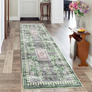 Washable Runner Rug 2'x8' Non-Slip Vintage Hallway Rug Runner Green