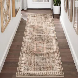 Washable Runner Rug, 2'x8' Non-Slip Vintage Hallway Rug Runner with Rubber Backing, Stain Resistant & Low Pile Faux Wool Distressed Carpet for Bedroom Kitchen Laundry Entrance Brown