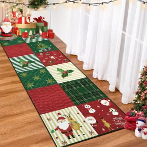 Christmas Runner Rug 2x6 Hallway Rug Xmas Red Runner Kitchen Rug Washable Rug Non Slip Carpet Snowman Stocking Santa Claus Soft Rug for Bathroom Laundry Living Room 2'x6' Plaid Patchwork