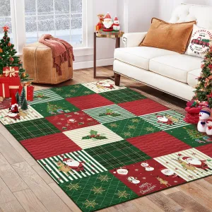 Christmas Area Rug 4x6 Rug Washable Rug Xmas Deer Santa Claus Holiday Decor Small Rug Entryway Rug Non Slip Carpet Soft Low Pile Accent Rugs for Nursery Living Room 4'x6' Plaid Patchwork