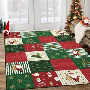 Christmas Area Rug 5x7 Rug for Living Room Rug Xmas Deer Red Rug Washable Rug for Bedroom Aesthetic Non Slip Low Pile Throw Rugs Stain Resistant Carpet for Dining Room 5'x7' Plaid Patchwork