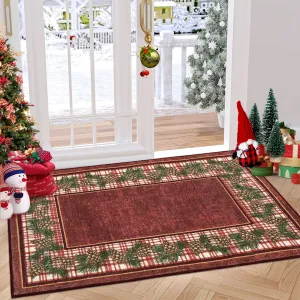 Christmas Door Mat 2x3 Washable Plaid Area Rug Xmas Doormat Non Slip Kitchen Rugs Bath Mat Low Pile Entryway Rug Home Decor Soft Stain Resistant Carpet for Laundry Entance Border|Red 2'x3'