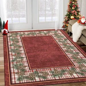 Christmas Rug 8x10 Area Rug for Bedroom Washable Red Plaid Rug Non Slip Living Room Rug Xmas Decor with Pinecorn, Soft Large Low Pile Stain Resistant Carpet for Nursery Border|Red 8'x10'