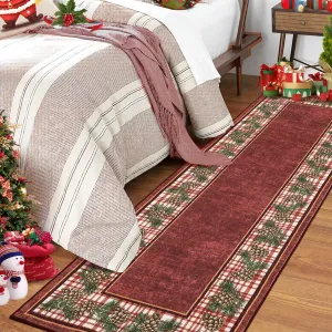 Christmas Runner Rug 2x6 Washable Plaid Area Rug Xmas Decor Pinecone Non Slip Kitchen Rugs Bath Mat Low Pile Entryway Rug Soft Stain Resistant Carpet for Laundry Entance