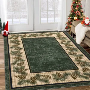 Washable Rug 5x7 Area Rug for Living Room Green Plaid Rug Christmas Rug with Pinecorn Non Slip Soft Accent Rug for Bedroom Stain Resistant Carpet for Nursery Office Plaid|Green 5'x7'