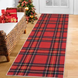 Christmas Runner Rug 2x6 Washable Plaid Area Rug Xmas Decor Non Slip Kitchen Rugs Bath Mat Buffalo Grid Low Pile Entryway Rug Soft Stain Resistant Carpet for Laundry Entance Plaid|Red 2'x6'