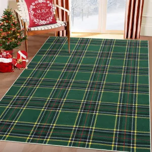 Washable Christmas Area Rug 9x12 Green Plaid Soft Low Pile Non-Slip Stain Resistant Polyester Living Room Bedroom Decor