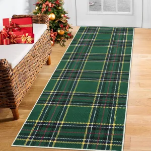 Christmas Runner Rug 2x6 Washable Plaid Area Rug Xmas Decor Non Slip Kitchen Rugs Bath Mat Buffalo Low Pile Entryway Rug Soft Stain Resistant Carpet for Laundry Entance Plaid|Green 2'x6'