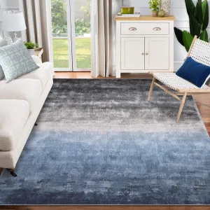 Abstract Blue & Grey 9x12 Large Modern Area Rug, Machine Washable Non Slip Rug Low Pile Thin Rug Soft Non Shedding Floor Carpet, Stain Resistant Rug for Living Room, Bedroom, Dining Room