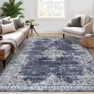 Washable Area Rug 5x7 Rug for Living Room Boho Vintage Rug for Bedroom Aesthetic Distressed Non Slip Throw Rugs Soft Low Pile Stain Resistant Carpet for Classroom Nursery 5'x7' Blue