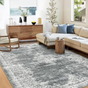 Washable Area Rug 9'x12' Vintage Grey Non-Slip Soft Faux Wool Stain Resistant Non-Shedding for Living Room Bedroom Office Nursery